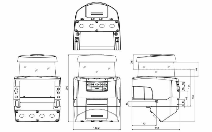 RSL450P-S/CU400P-4M12 安全激光扫描仪的尺寸图